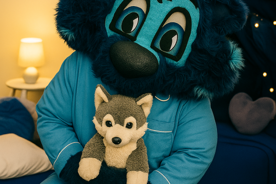 Seawolf Sleepover Lobo the Seawolf holding a stuffed wolf in his PJs sitting on a bed.
