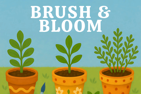 Brush & Bloom 3 potted plants with paint on them with Brush and Bloom hovering over the pots on a blue sky.