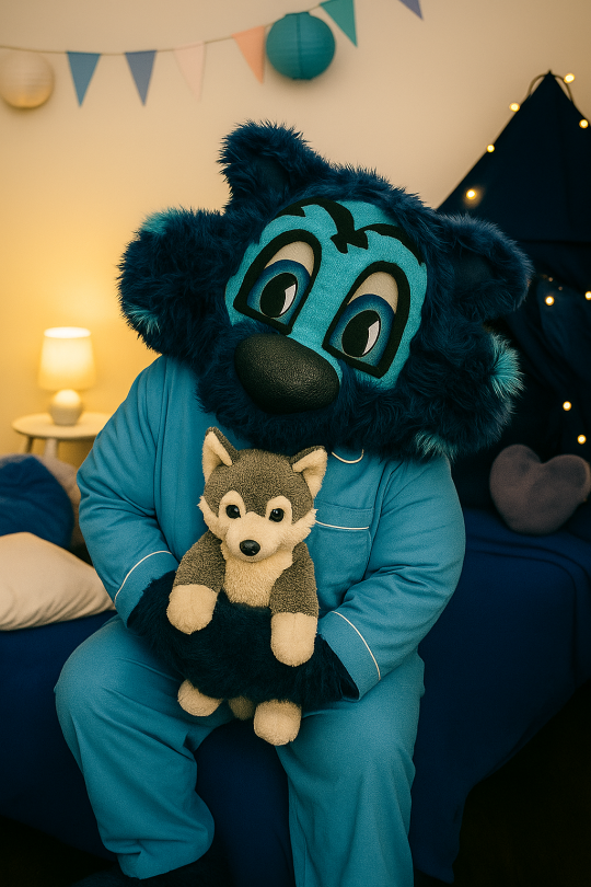 Lobo the Seawolf holding a stuffed wolf in his PJs sitting on a bed.