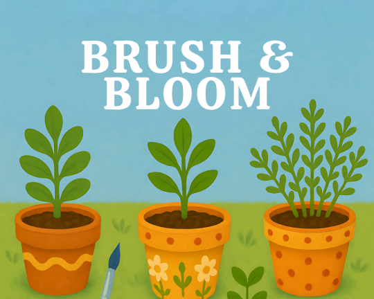 Brush & Bloom 3 potted plants with paint on them with Brush and Bloom hovering over the pots on a blue sky.